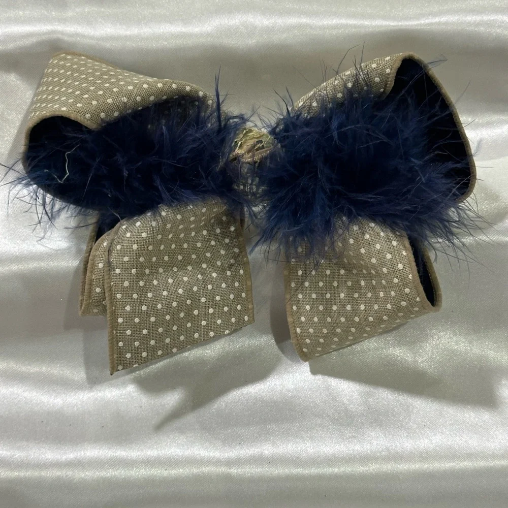 Polka Dot Bow Hair Clip with Navy Feather Trim